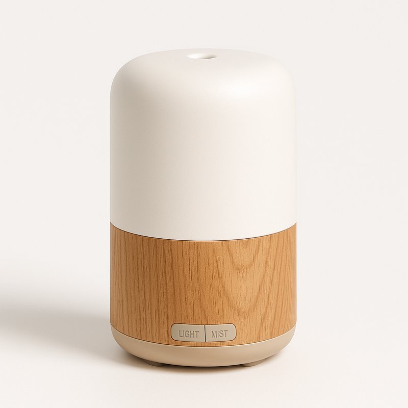White and wooden diffuser on a white background
A 300ml essential oil diffuser with LED lights, creating a soothing atmosphere with aromatherapy. Features 7-color lighting modes, automatic shut-off, and quiet operation—perfect for bedrooms or offices