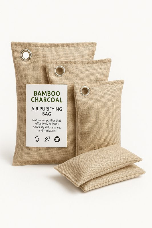 Bamboo charcoal air purifying bags with a label on a white background
Natural bamboo charcoal air purifying bags that absorb odors, moisture, and allergens. Eco-friendly, chemical-free, and reusable for up to 2 years. Ideal for closets, shoes, cars, and bathrooms