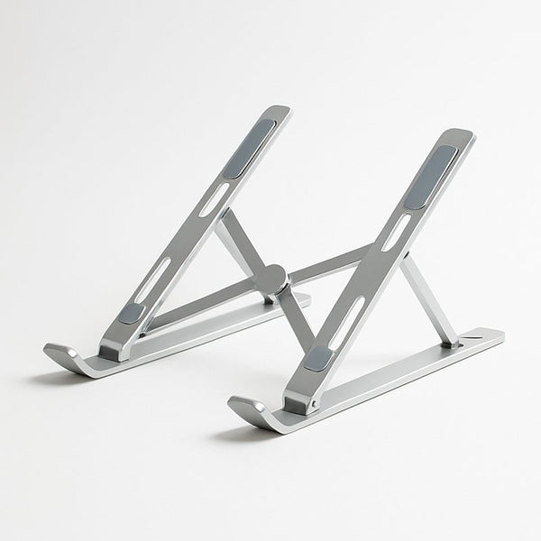 Silver adjustable laptop stand on a white background