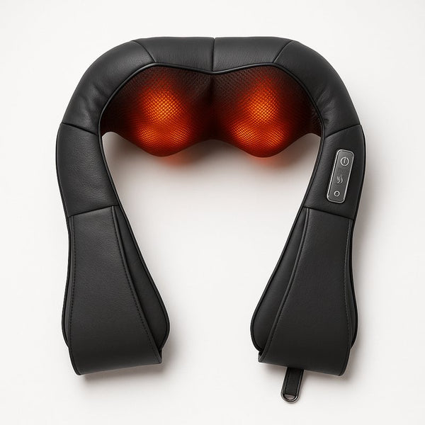 Black neck and shoulder massager with glowing red heating elements on a white background