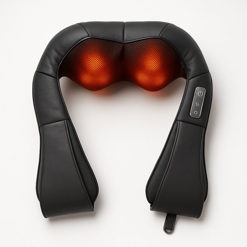 Black neck and shoulder massager with glowing red heating elements on a white background