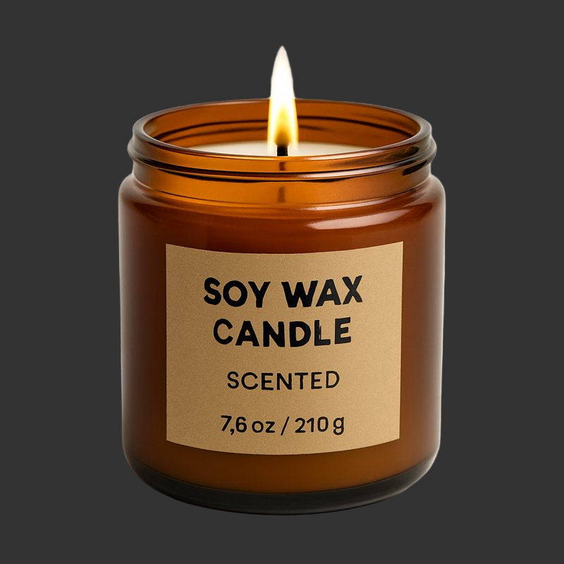 Soy wax candle in an amber jar with a label on a light gray background
