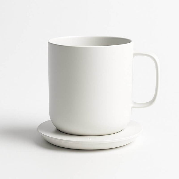 Smart Temperature Control Mug on a white coaster, designed for optimal beverage enjoyment with elegant style.