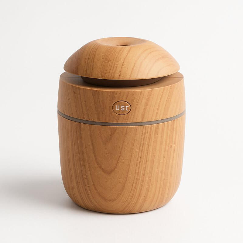 Wood grain mini humidifier in a sleek design, perfect for enhancing air quality and adding a touch of elegance to any space.
