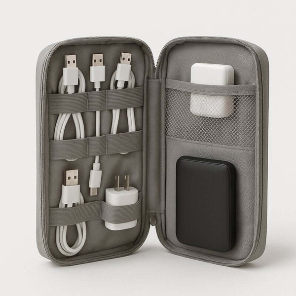 Grey cable organizer pouch with neatly arranged USB cables and charger, perfect for keeping tech accessories tidy.