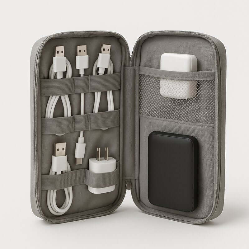 Grey cable organizer pouch with neatly arranged USB cables and charger, perfect for keeping tech accessories tidy.