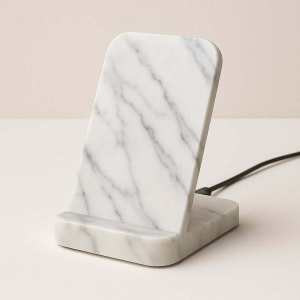 Marble wireless charger stand with elegant design, featuring a chic marble-pattern base for stylish 10W Qi charging.