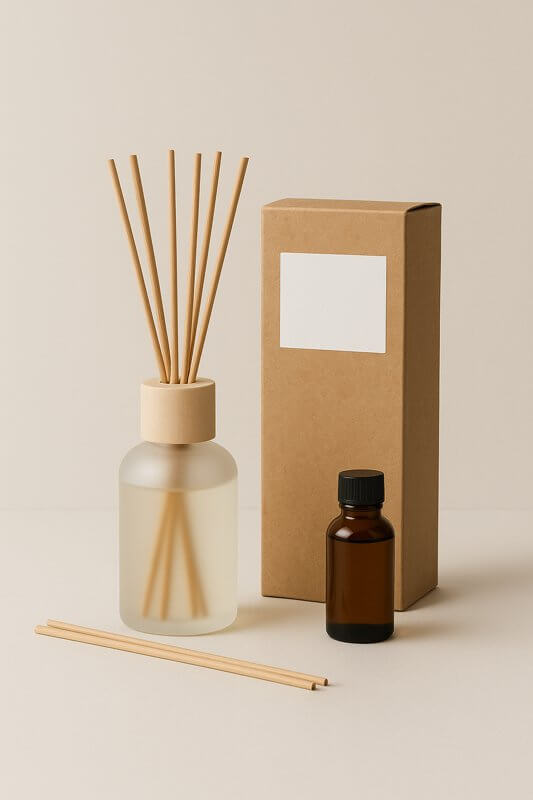 Cedar & Musk Reed Diffuser with essential oil bottle and packaging, providing a calming and luxurious home fragrance experience.