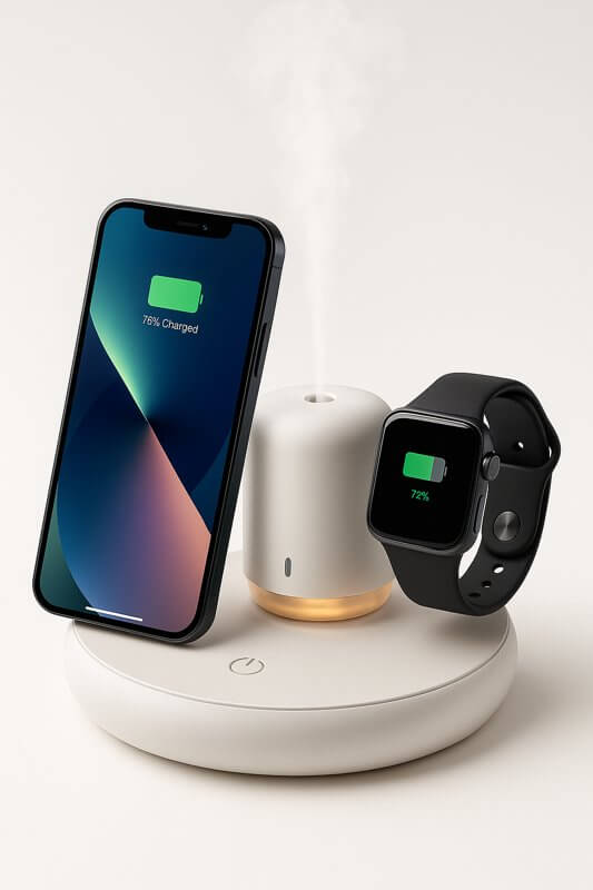 3-in-1 wireless charger diffuser with phone and watch, fast-charging while diffusing calming oils at home.