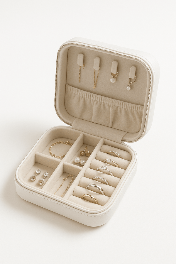 Ivory travel jewelry organizer with compartments for rings, earrings, and bracelets, maintaining elegance and organization.